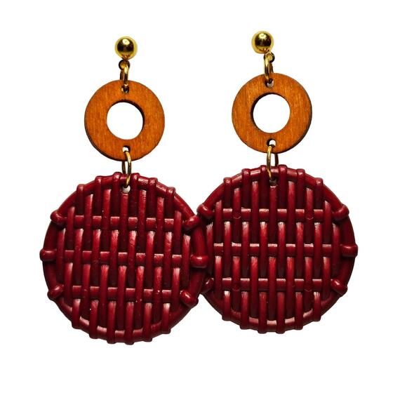 Faux Rattan and Wood Mix Media Earrings Fall Autumn Cottage  Boho - Picture 1 of 4